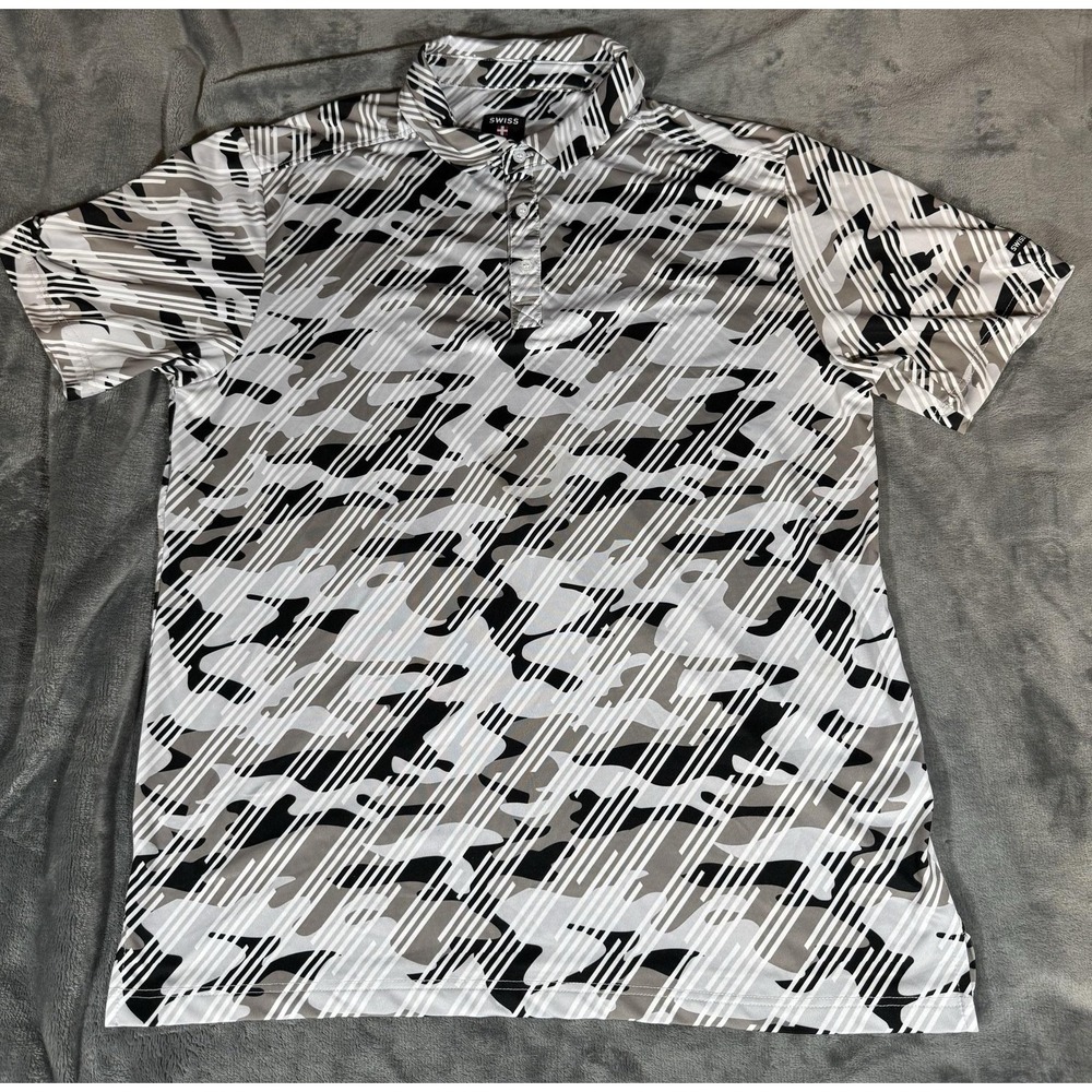 Swiss Alps Polo Shirt Mens Large Gray Camo Stretch Knit Golf Performance
